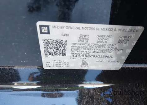 2018 Chevrolet Silverado 1500 2Lt z USA, uszkodzony, nr VIN 3GCUKREC0JG389870